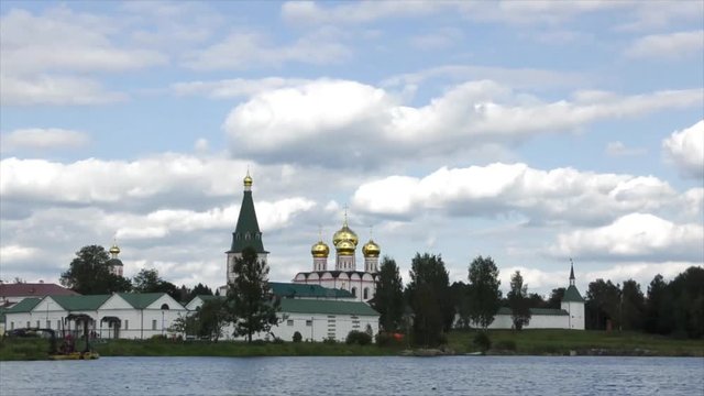 Valday Iversky Svyatoozersky Virgin Monastery for Men in bad weather. Selvitsky Island, Valdai Lake. Iversky Cathedral. Time lapse