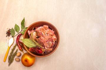 Raw pork shoulder. Spices, dry herbs, garlic, rosemary, bay leaf, hot and mix pepper, nutmeg, onion, salt. Ingredients for marinating meat. Rustic ceramic bowl on stone background top view copy space