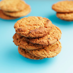 Biscuits. Pile of delicious chocolate chip cookies blue background.