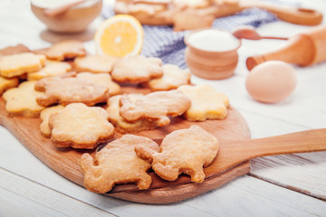 Happy Easter. Baking Easter bunnies. Ingredients with Easter decoration