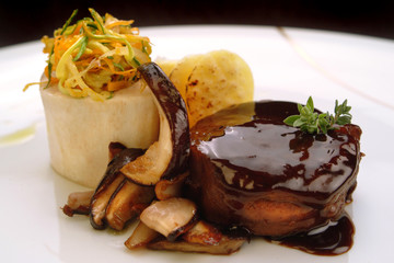 Italian food recipes, beef tenderloin with Barbaresco wine sauce and porcini mushroom.s
