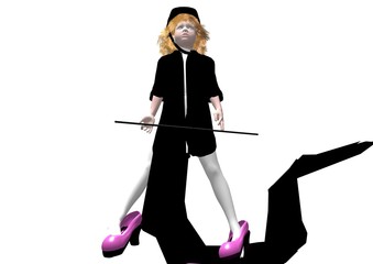 cute little girl in her mums high heels and black party dress, raster illustration over a white background