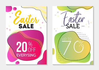 Set of two sale vouchers to Easter Day, colorful dual-gradient liquid forms with geometric elements on background