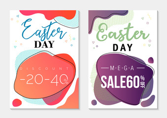 Set of two sale banners to Easter Day, dual-gradient liquid forms with geometric pattern on background