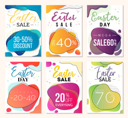 Pack of six sale vouchers to Easter Day. Creative templates for business with dual-gradient liquid forms and geometric elements on background