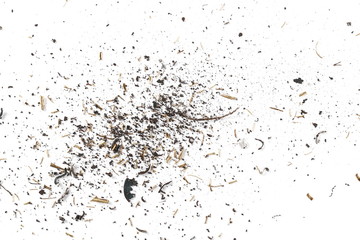 Metal shavings, scraps pile isolated on white background, texture, top view