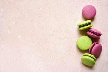 Homemade french almond cookies macarons.Top view with copy space.