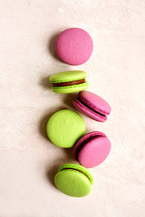 Homemade french almond cookies macarons.Top view with copy space.