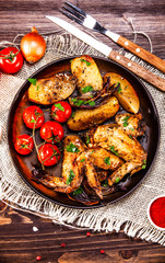 Roast chicken wings, baked potatoes and vegetables