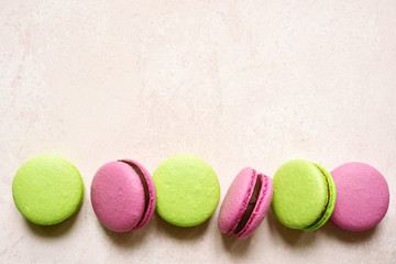 Homemade french almond cookies macarons.Top view with copy space.