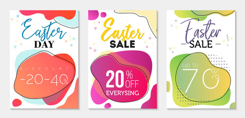 Collection of three sale vouchers to Easter Day. Colorful dual-gradient liquid forms and geometric elements on background