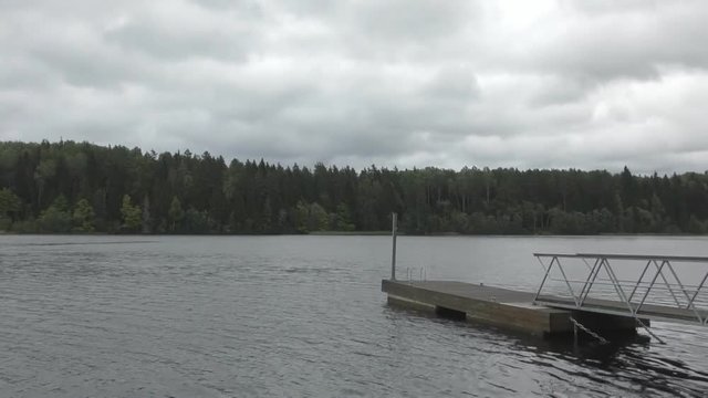 Rainy weather on a forest lake
