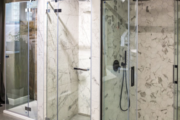 shower cabin inside interior in shop showroom of elite plumbing