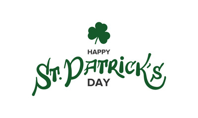 Happy Saint Patrick's Day lettering typography with cloverleaf decor. Ireland traditional holiday. Party poster, banner, greeting card or background. Vector illustration 