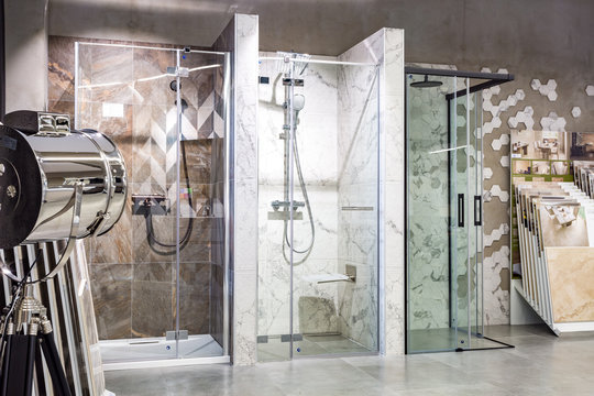 shower cabin inside interior in shop showroom of elite plumbing