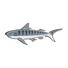 Tiger shark character abstract ink hand drawn vector logo cartoon. Simplified color illustration. Ocean blue. Sea animal curve paint sign. Doodle sketch. Element for design, wallpaper, fabric print.