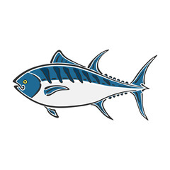 Fat tuna character abstract ink hand drawn vector logo cartoon. Simplified color illustration. Ocean and sea animal curve paint sign. Doodle sketch. Element for design, wallpaper, fabric print. Tunny