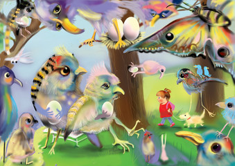 Fototapeta na wymiar little girl walking a dog in a magic forest filled with huge colorful birds
