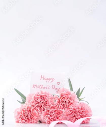 Top view of elegance blooming sweet pink color tender carnations isolated on bright white background with card, may mothers day mum greeting design concept, close up, copy space