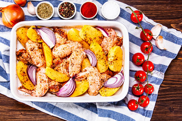 Raw chicken wings prepared for roasting