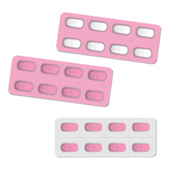 Medical pill blister packages with individual detachable cells, pink color set. Oblong medicine tablets pharmaceutical packaging, realistic vector template
