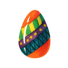hand painted watercolor orange Easter egg with multicolor decorative ornamental elements isolated on white background.
