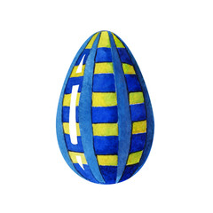 hand painted watercolor blue Easter egg with blue and yellow stripes isolated on white background.