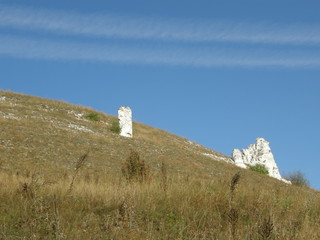Limestone outcrops in nature reserve museum Divnogorye (Miracle Mountains) in Liskinsky District, Voronezh Oblast, Russia