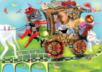 prince travelling with a horse drawn carriage, cute white horse, many details, birds, children illustration