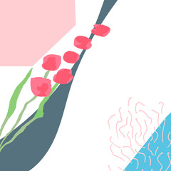 Creative abstract universal art poster in floral style. Hand drawn textures, leaves, flowers and marks. Templates with place for your text.