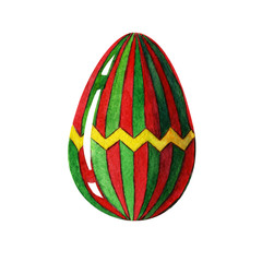 hand painted watercolor Easter egg with red and green stripes, and yellow decorative ornamental element isolated on white background