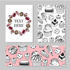 Bakery shop or pastry patisserie banners and posters templates set. Vector dessert cakes and pastry cupcakes, chocolate biscuits or brownie and tiramisu, fruit pies and puddings or ice cream for cafe