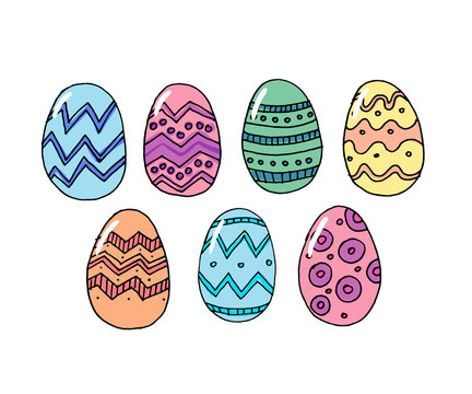 Easter eggs composition hand drawn black on white background. Decorative horizontal stripe from eggs with leaves and watercolor dots.