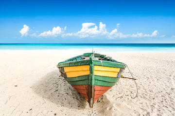 Summer boat on beach and sea landscape 