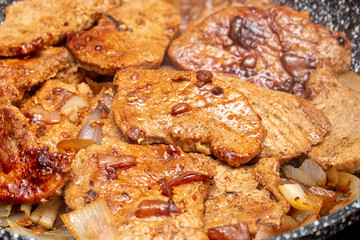 Cooking fryed meat on the pan with onion close up
