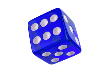 Blue glass dice closeup isolated on white without shadow.