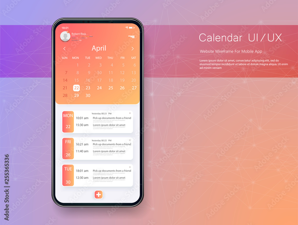 Poster calendar mobile app.tasks ui ux design mockup vector. gui ui ux template layout. calendar widget eve