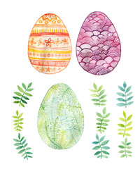Hand painted watercolor original collection of eater elements: eggs and little branches isolated on white 