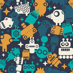 Seamless background with spase robots and cute monsters.