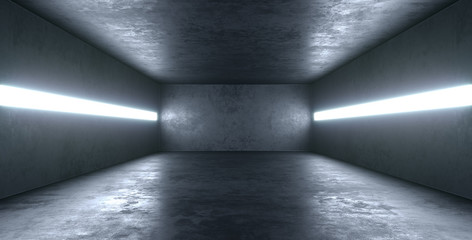 Empty high detailed concrete room with light stripes and reflections.  3D illustration. 