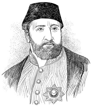 Ottoman Sultan Abdulaziz Portrait In Line Art Illustration