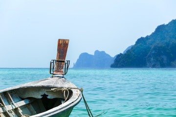 Traditional Thai Boat, Thailand, Phi Phi. Travel in Asia concept. Sea, vacation background.