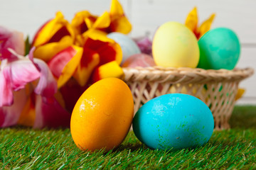 Easter Eggs with flower on Green Grass