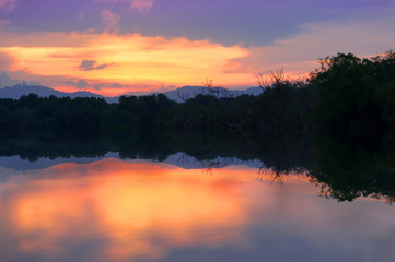 Obraz premium Colorful twilight sky..Silhouette swamp forest at twilight sky and water reflection..