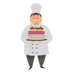 Flat cartoon character chef with a cake. Vector illustration. 
