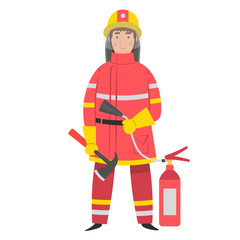 Flat cartoon character fireman with ax and fire extinguisher. Vector illustration. 
