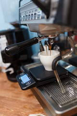 Barista makes coffee on a professional coffee machine