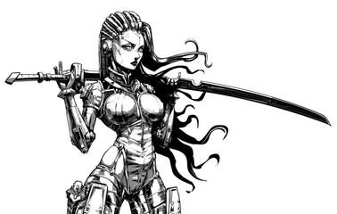 Beautiful cyborg girl with katana