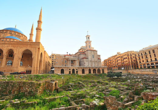 Downtown Beirut skyline with Roman Ruins