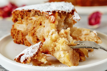 A slice of delicious vegan homemade apple pie charlotte with a fork, closeup. Macro photography. Selective focus